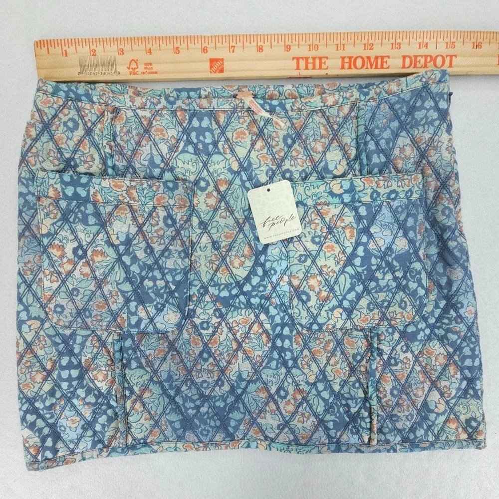 Free People Mini Skirt Womens 8 Blue Husky Floral Quilted Patch Pockets